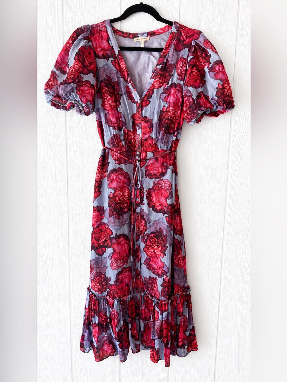 Phase Eight Francesca Floral V Neck Midi Dress Blue Red Puff Sleeve Size 12